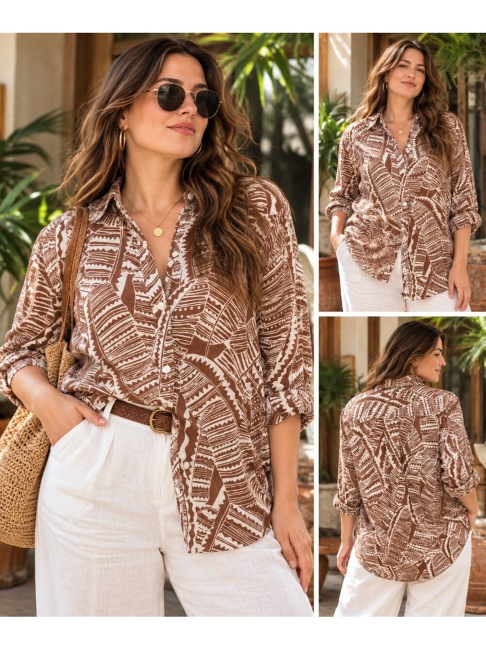J. McLaughlin XL Brown Ivory Linen Button Down Shirt Tropical Leaf Print Boho